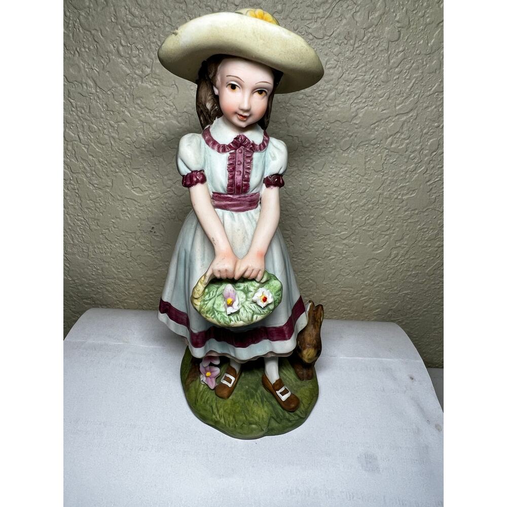 Vintage Lefton China 7"  Girl W/Flower Basket Bunny KW1464  Hand Painted 0051